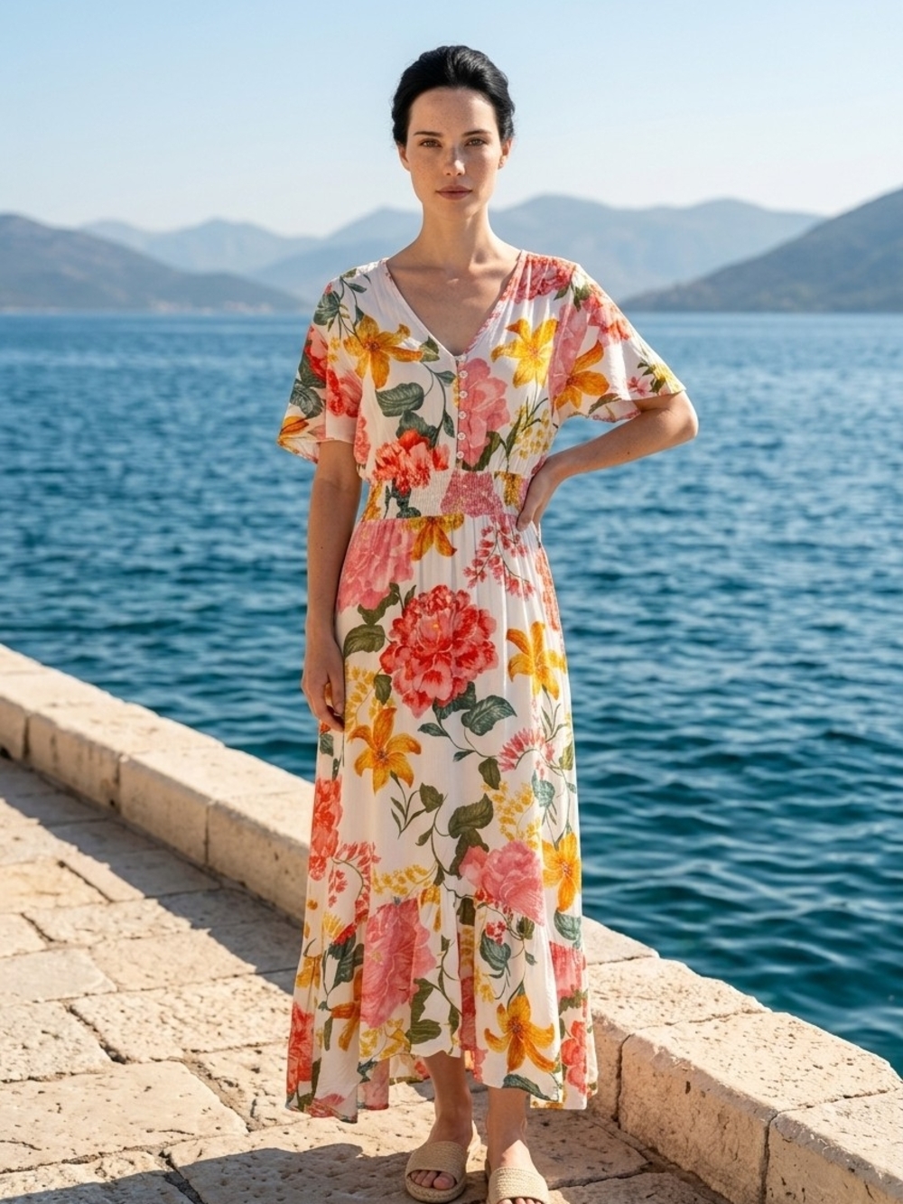 Summer Garden V-Neck Maxi Dress in White with Pink & Yellow Floral Print